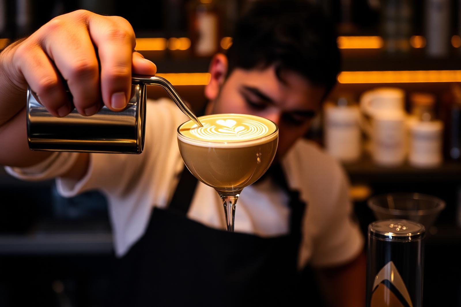 Barista pouring latte art in a premium café