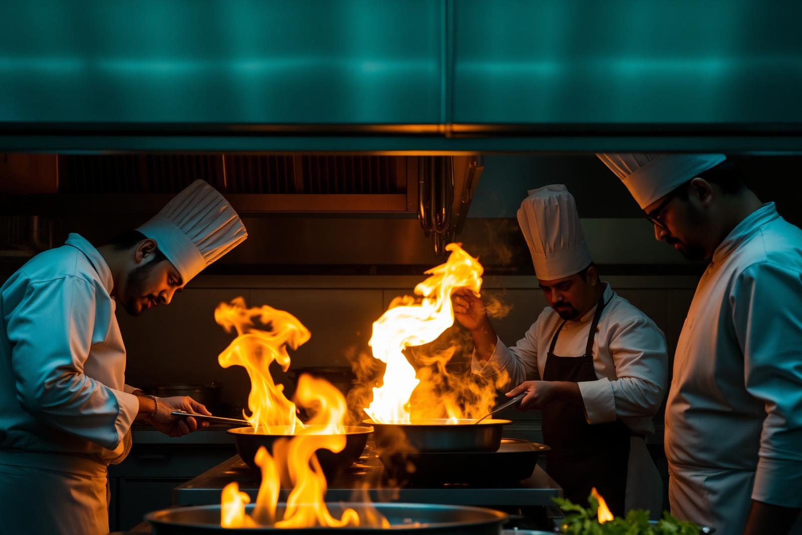 Chefs plating dishes in a professional kitchen