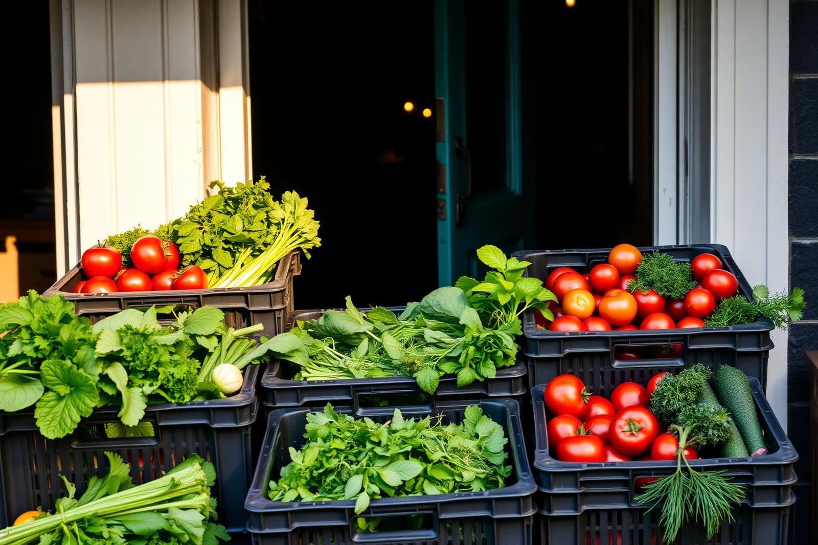 Fresh produce and supplies being sorted for a restaurant